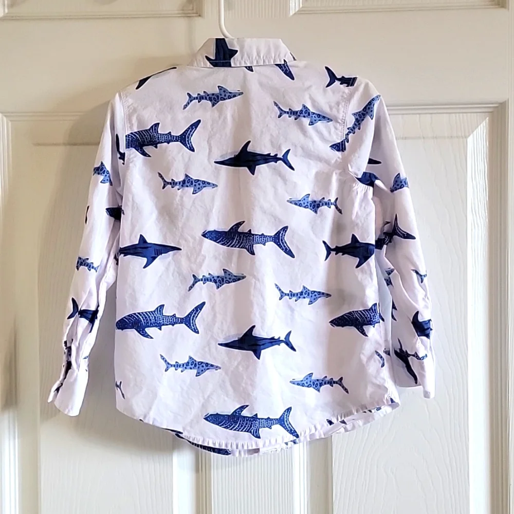 Boys Old Navy button down tops, white with blue sharks and camouflage green